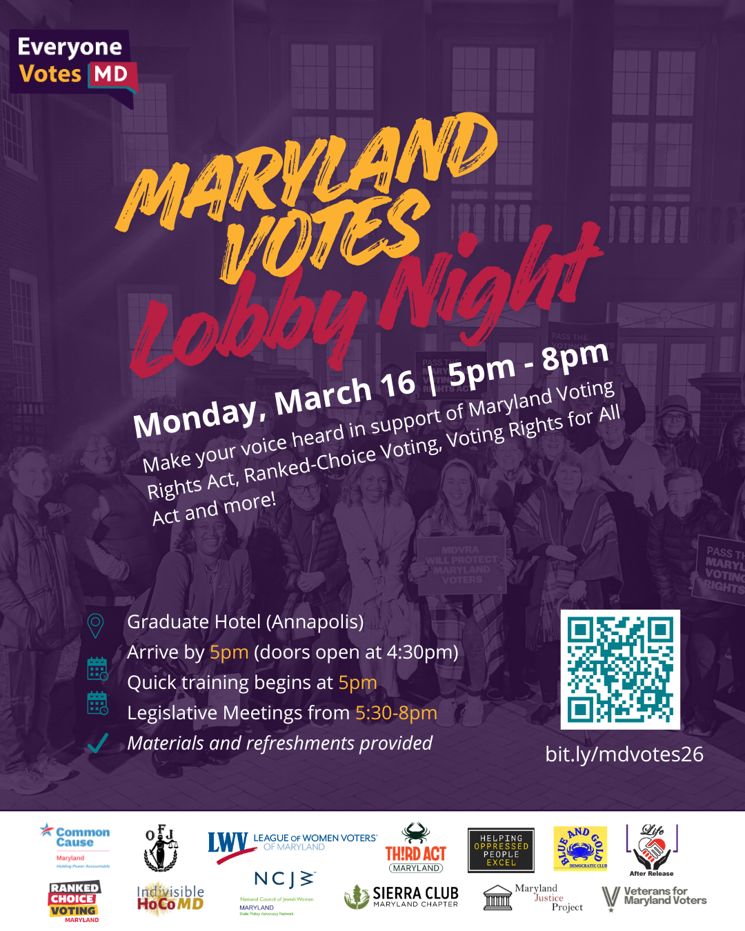 Flyer for Maryland Votes Lobby Night on Monday, March 16th from 5 to 8 pm.